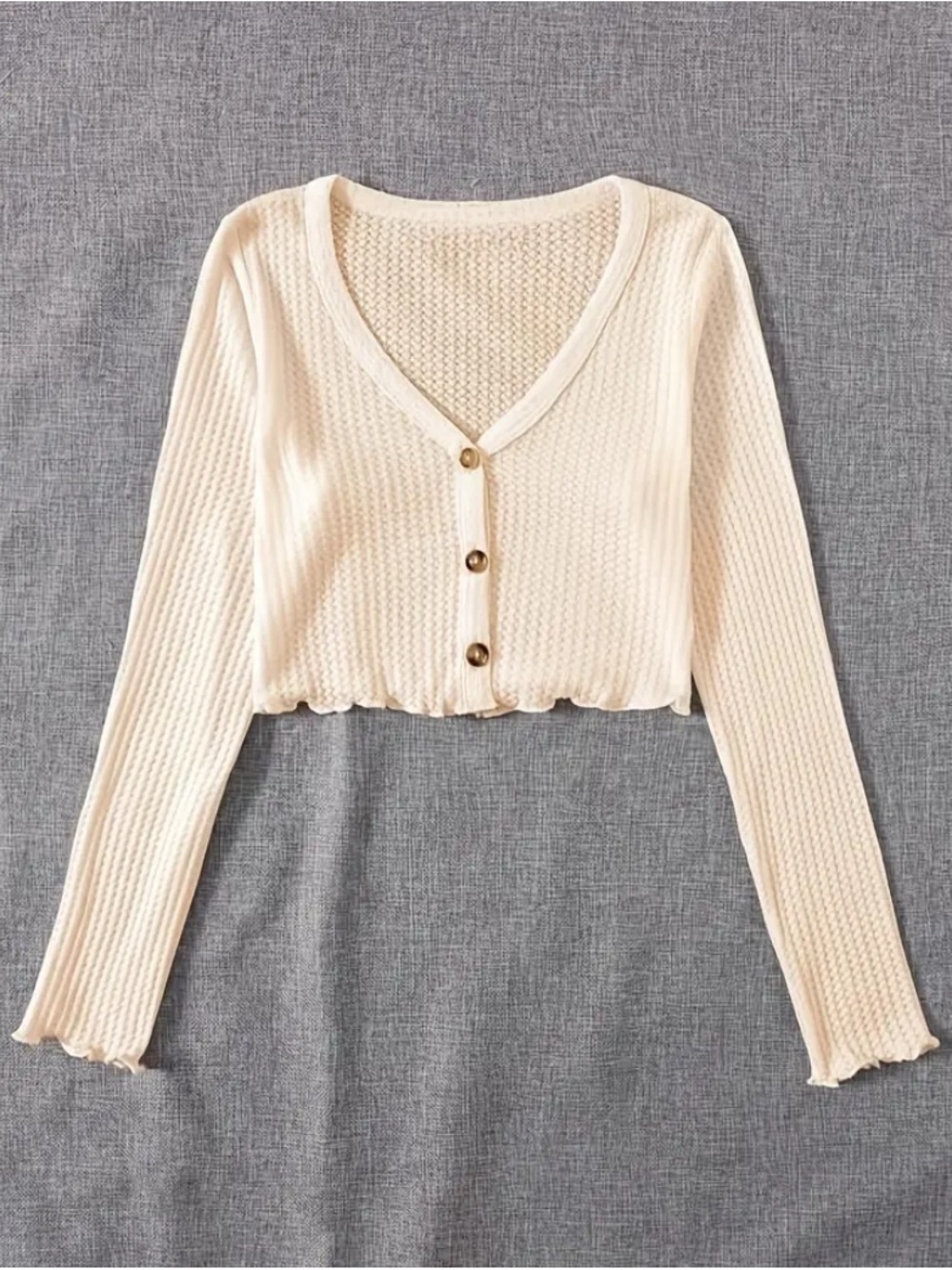 Cream V-Neck Cropped Knit Cardigan Sweater - Brand: - Picture 2 of 7